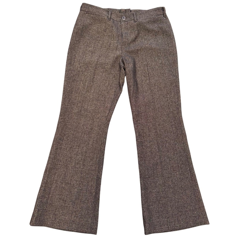 Vintage Brown Plaid Flare Leg Trousers Mid Rise Grid Pattern Pants Womens 29x26